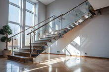 Stylish Chromed Staircase With Glass Balustrade In Bright House Interior - Silver Railings Catch The Eye
