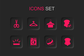 Sticker - Set Washer, Hanger wardrobe, Scissors, Yarn ball, Leather, and Needle bed and needles icon. Vector