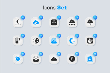 Wall Mural - Set Compass west, Moon phases, Cloud with rain, Solar energy panel, Weather forecast, Water drop percentage, Night fog smoke and Rainbow cloud icon. Vector