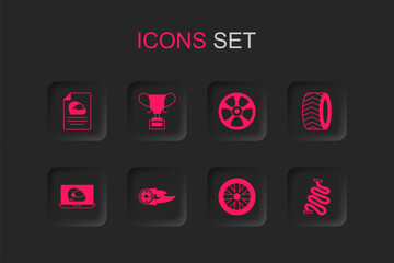 Sticker - Set Wheel in fire flame, Award cup, Racing helmet, Alloy wheel for car, Car tire, track, and icon. Vector