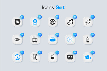 Sticker - Set Pit stop, Car radiator cooling system, tire wheel, Speedometer, Award over sports winner podium, Nitrous oxide, Racing helmet and Check engine icon. Vector