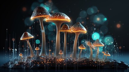 Wall Mural - abstract background with a growing digital mushroom. machine learning and big data array visual conc