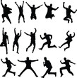 Silhouette of men jumping. People jump in different pose. Businessman excited, success, happy, joyful, celebrating, fun.