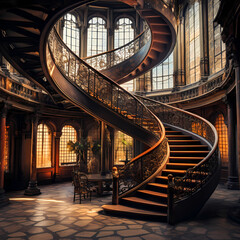 Canvas Print - A spiral staircase in an old European building.