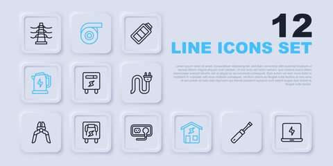 Poster - Set line Screwdriver, Laptop, Electric meter, Smart home, kettle, Electrical panel, Roll adhesive tape and outlet icon. Vector