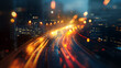 Long exposure on city road light, night highway lights in motion with highway road lights on city background