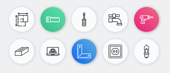 Poster - Set line Corner ruler, Electric drill machine, Brick, Electrical outlet, Water tap, Screwdriver, Light bulb and Worker safety helmet icon. Vector