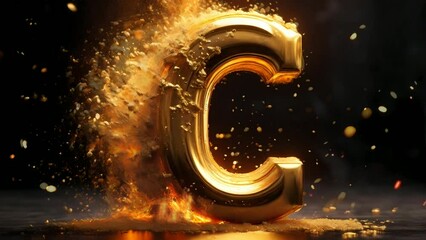 Wall Mural - Lette c golden 3d on fire video animation, seamless looping video background animation	