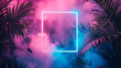 Neon rectangle frame in tropical palm foliage backdrop, Glowing geometric shape with mist and palm leaves | Generative AI