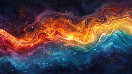 Wall Mural - A mesmerizing abstract image with waves of liquid colors in motion, combining warm and cool tones to create a dynamic visual experience.