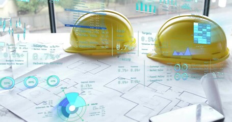 Wall Mural - Animation of statistics and data processing over yellow hard hats and plans on desk in office