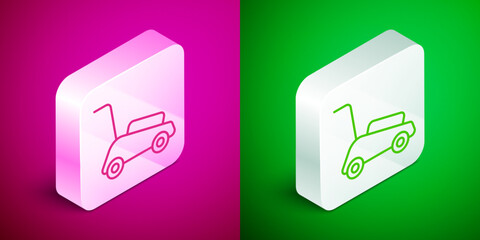 Poster - Isometric line Lawn mower icon isolated on pink and green background. Lawn mower cutting grass. Silver square button. Vector