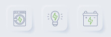 Set Line Car Battery, Creative Lamp Light Idea And Washer Icon. Vector