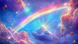 Stars and clouds with a rainbow in the sky, in the style of vibrant futurism, fairy academia, photorealistic pastiche, colorful explosions, skillful lighting, whimsical cartoons.