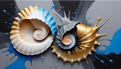 Wall Mural - Splashes of bright paint on the canvas. Seashell. Gold, black, blue and gray colors. Interior painting. Beautiful background