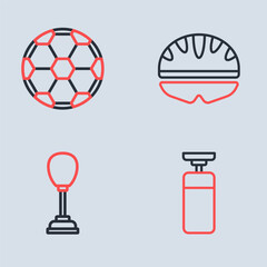 Sticker - Set line Bicycle helmet, Punching bag, and Soccer football ball icon. Vector