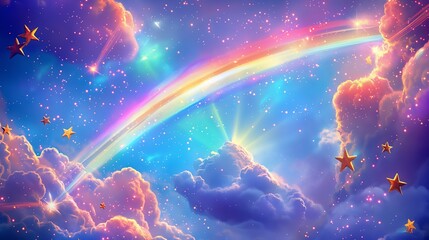 Wall Mural - Stars and clouds with a rainbow in the sky, in the style of vibrant futurism, fairy academia, photorealistic pastiche, colorful explosions, skillful lighting, whimsical cartoons.