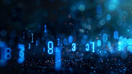 A blue numeric matrix with numbers arranged randomly in a modern and technological aesthetic. Bokeh background of numbers and data analysis.