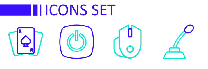 Poster - Set line Microphone, Computer mouse, Power button and Playing cards icon. Vector