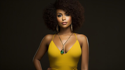 Close-up portrait of a seductive beautiful dark-skinned woman with afro curls in a yellow dress with a plunging neckline and gold jewelry on a dark background isolated