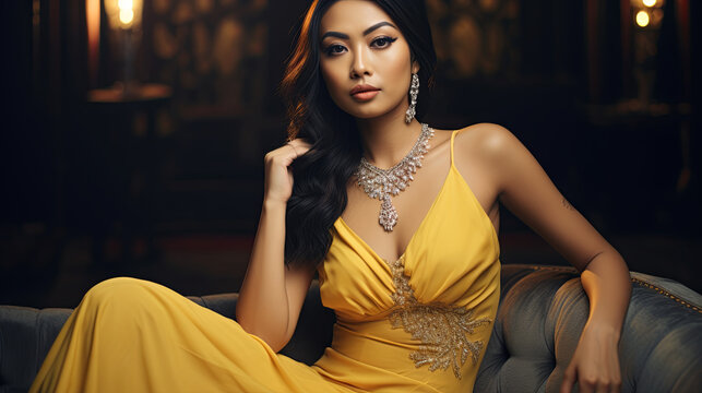 Close-up portrait of a seductive Asian woman in a yellow dress with a plunging neckline and a diamond necklace, posing while sitting on a sofa against a background of softly lit candles