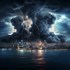 Poster - A dramatic thunderstorm over a city skyline.