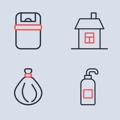 Canvas Print - Set line House, Garbage bag, Antibacterial soap and Trash can icon. Vector