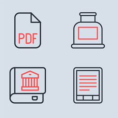 Poster - Set line Inkwell, Law book, E-Book reader and PDF file document icon. Vector