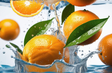 Fresh oranges falling into water with splash on white background.