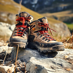 Wall Mural - A pair of hiking boots on a rugged mountain trail. 