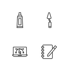 Sticker - Set line Notebook, Computer with design program, Tube paint palette and Palette knife icon. Vector