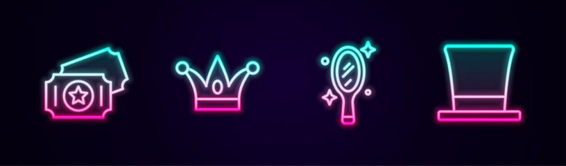 Wall Mural - Set line Circus ticket, Jester hat with bells, Magic hand mirror and Cylinder. Glowing neon icon. Vector