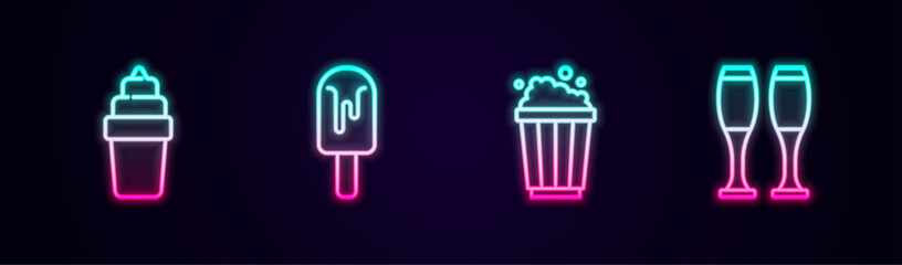 Wall Mural - Set line Ice cream in waffle, Popcorn cardboard box and Bowling pin. Glowing neon icon. Vector