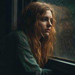 Canvas Print - A thoughtful writer staring out of a rainy window.