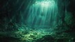 Unidentified submerged cave with beams of light. Generative Ai
