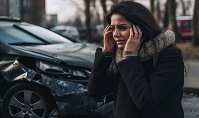 Sad young woman after a car accident holding her head. Car accident on the street, damaged car on the background