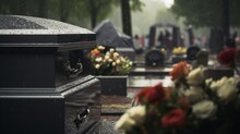Funeral, Coffin With Flowers. Rainy Day, Commemoration, Death, Memories. 