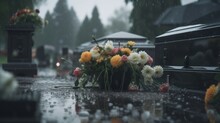 Funeral, Coffin With Flowers. Rainy Day, Commemoration, Death, Memories. 