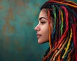 A serious beautiful girl with dreadlocks in the color of the Lgbt flag. Portrait of a beautiful young girl .