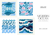Underwater World, Ocean, Sea, Fish And Shells Vertical Flyer Or Poster Template. Modern Trendy Matisse Minimal Style.