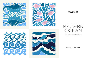 Underwater world, ocean, sea, fish and shells vertical flyer or poster template. Modern trendy Matisse minimal style.