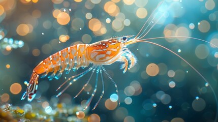 Canvas Print - falling shrimps, diving into clear blue water, background light with decorations,