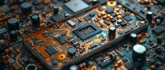 Leinwandbilder - Repair service for mobile phones. Disassembled smartphone. IT case and electronics on abstract phone scheme. CPU and motherboard. Unassembled cellphone. 3D rendering.