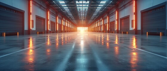 Poster - Automated stock storage, modern distribution building, e-commerce warehouse, digital logistics, smart package hardware, AI delivery system, innovation in cargo, and commercial storage facilities.