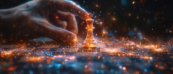 Poster -  illustration of a hand holding a chess pawn in the shape of a starry sky or space. It represents points, lines, and shapes as planets, stars, and the universe.