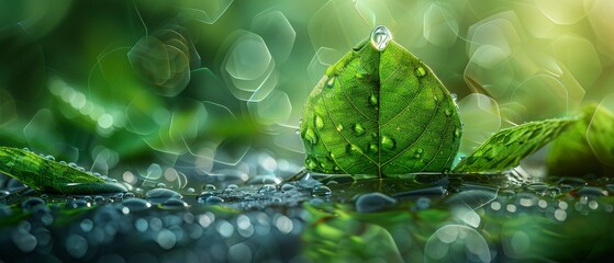 Aufkleber - Drop of water falling with green leaves inside. Low poly design. Abstract geometric background. Wireframe light connection structure. 3D eco concept.  illustration.