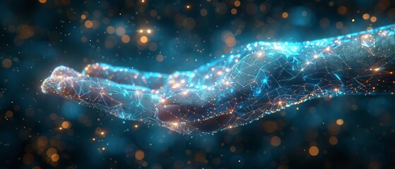 Fototapete - Abstract hand with low poly design. Blue geometric background with wireframe light connection structure. Modern 3D graphic concept. Isolated  illustration.