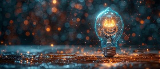 Leinwandbilder - Blue glowing light bulb with cogwheels. Business model concept and AI. Low poly design. Geometric background. Wireframe light connection structure.  illustration.