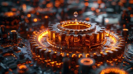 Leinwandbilder - Detailed 3D illustration of a cog gear with drops of oil falling. Low poly style design. Geometric background. Wireframe light connection structure. Modern 3D graphic.  illustration.