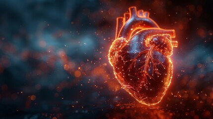 Aufkleber - An abstract heart shape with a red cardio pulsating line. Abstract geometric background. Wireframe light connections. Modern blue graphic design. Isolated  illustration.